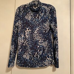 Boston Proper Blue and Black Animal Patterned Long Sleeve Turtleneck Top Medium